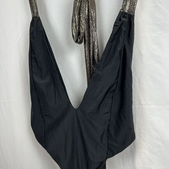 OMG Miami Swimwear Black Swimsuit Size Large Metallic Gold Tie Backs Revealing - Picture 3 of 11